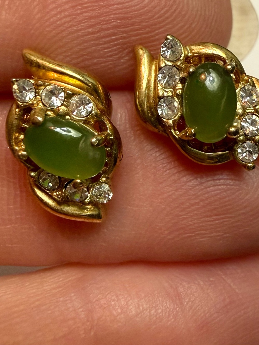 Gold-Tone Green Cabochon & Crystal Stud Earrings